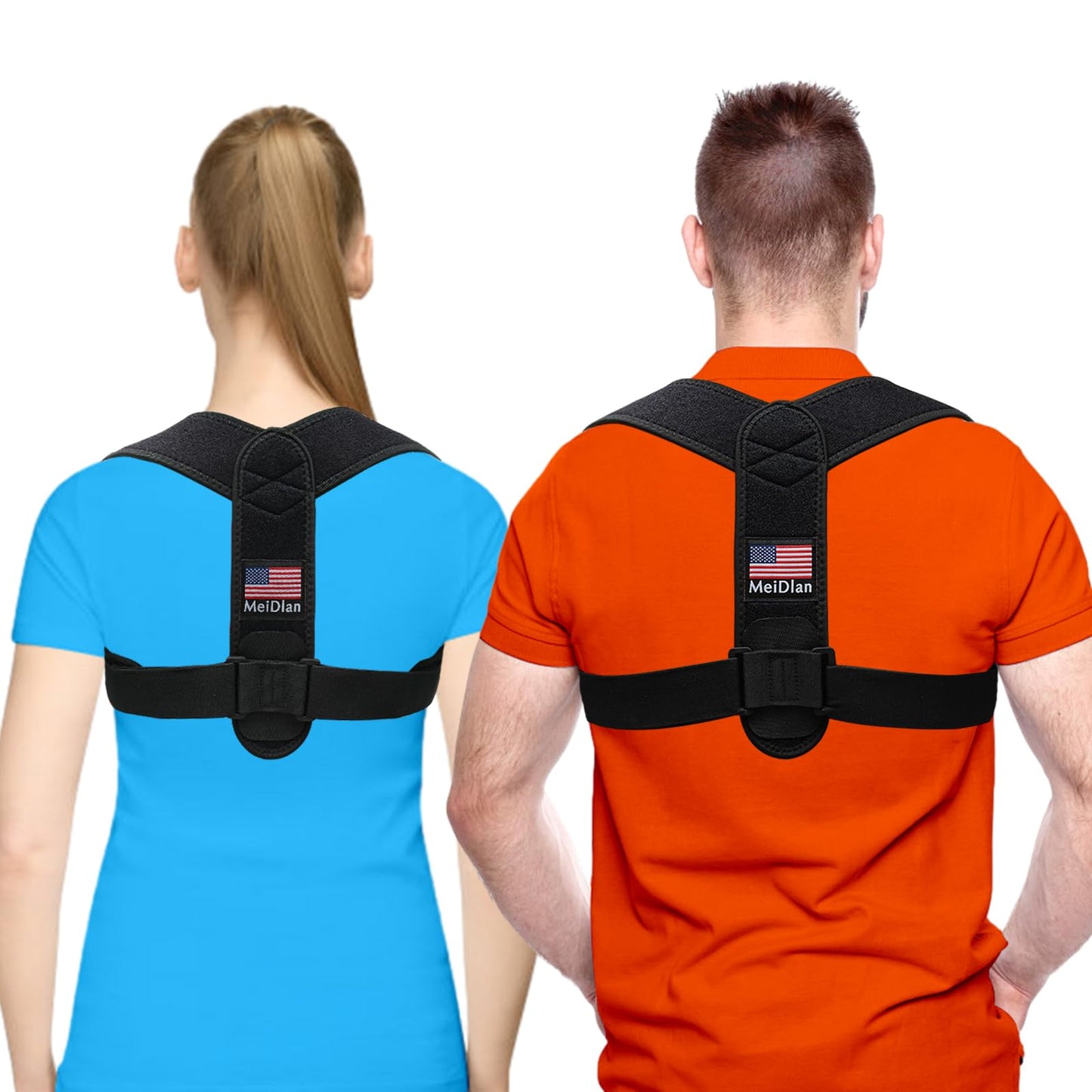 Black neoprene and nylon posture corrector being worn under a shirt