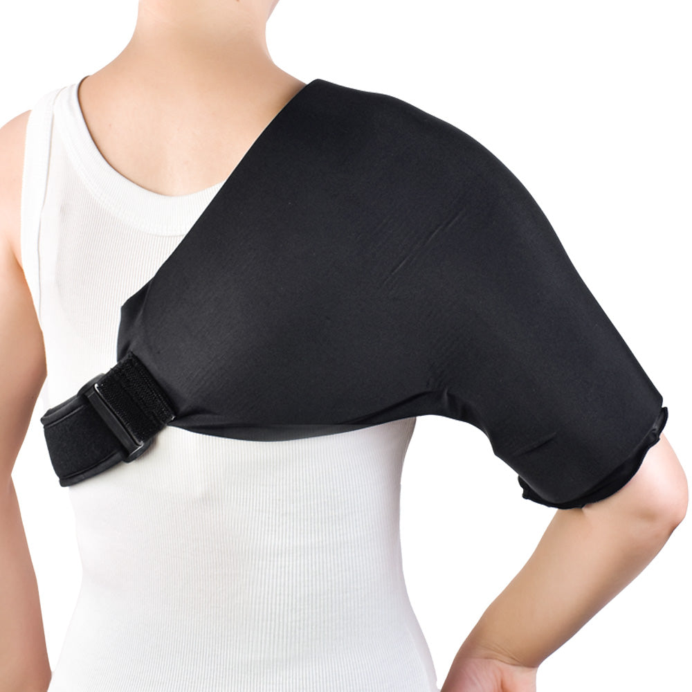 Person using blue shoulder therapy wrap for muscle recovery